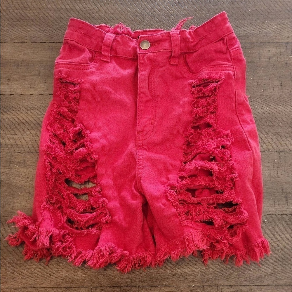 Fashion nova red high rise distressed shorts size 3